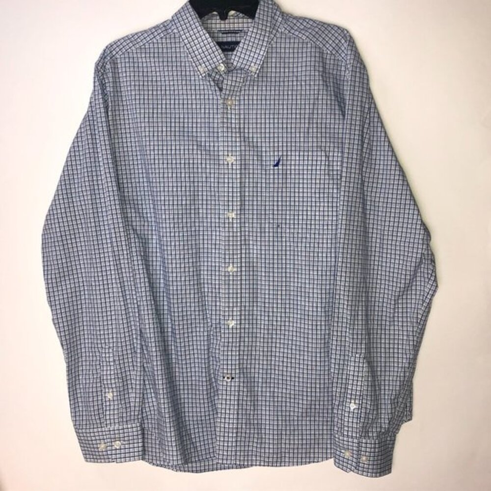 Nautica Blue Plaid Button-Down Shirt Men's XL Preppy Business Casual Geek